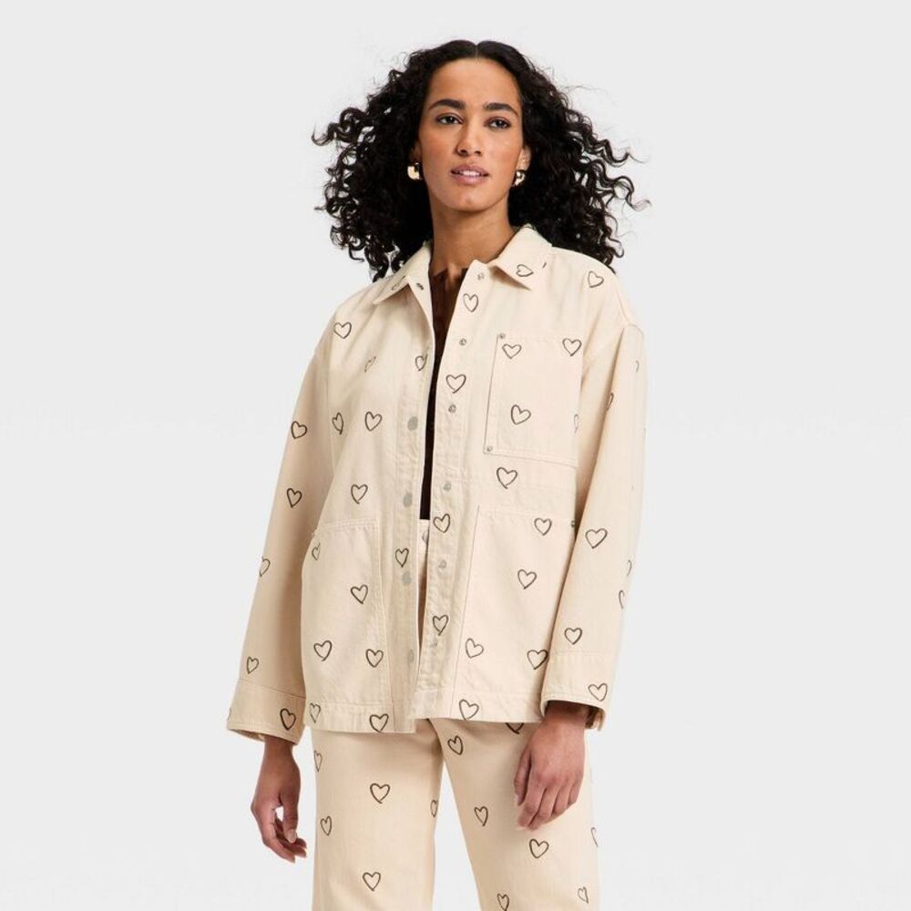 Women's Heart Embroidered Chore Denim Jacket - Universal Thread Cream S